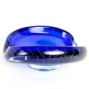 Vintage Signed MCM Art Glass 7" Bowl Dish  Controlled Bubbles ~ Cobalt Blue
